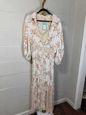 Love Stitch Cream Maxi Dress with Peach Floral Print